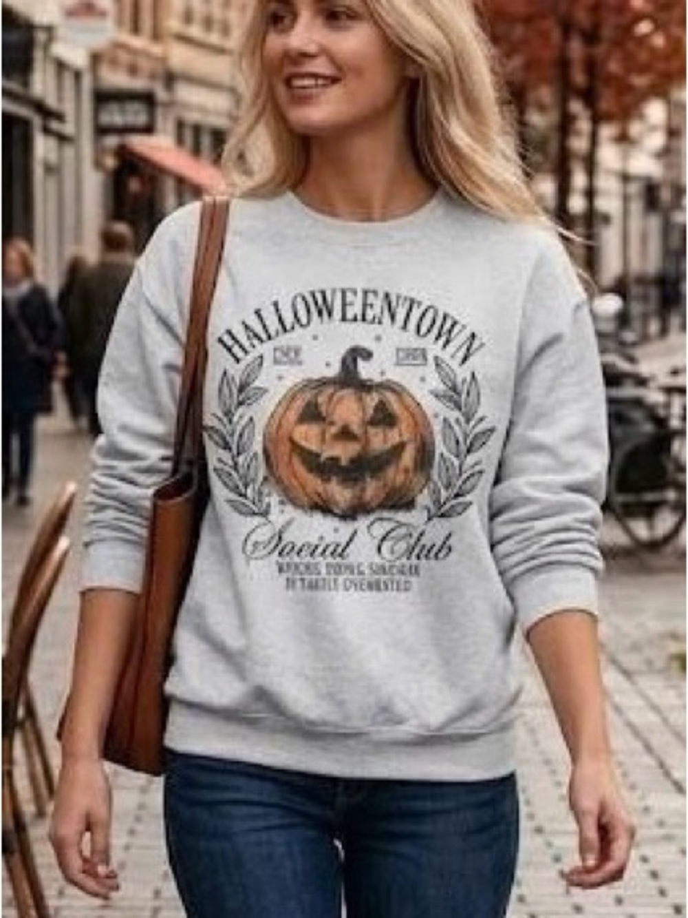 Halloweentown Social Club Graphic Sweatshirt Pumpkin Fall Crewneck Gray